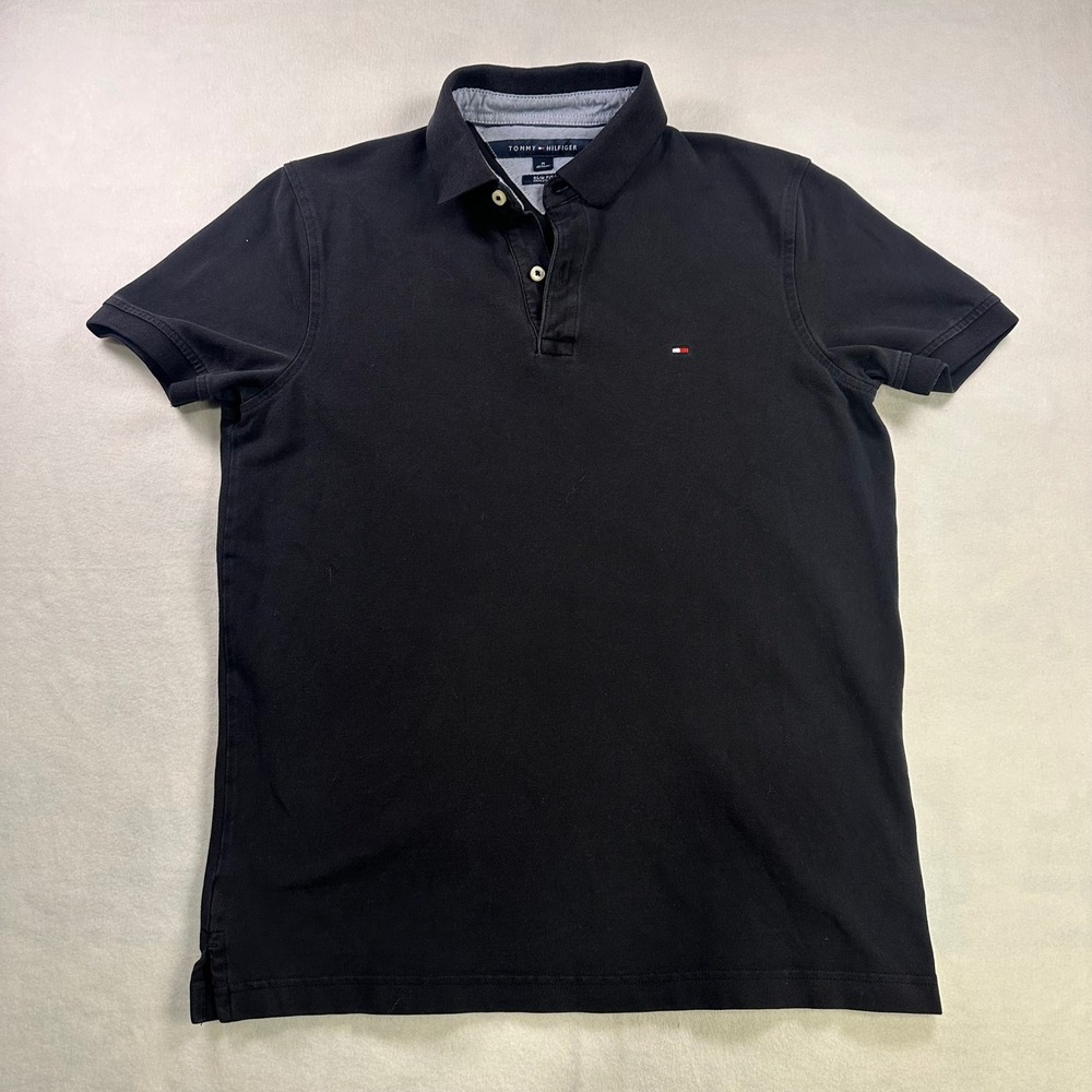 Tommy Hilfiger Mens Slim Fit Polo Shirt Black Short Sleeve Logo Medium